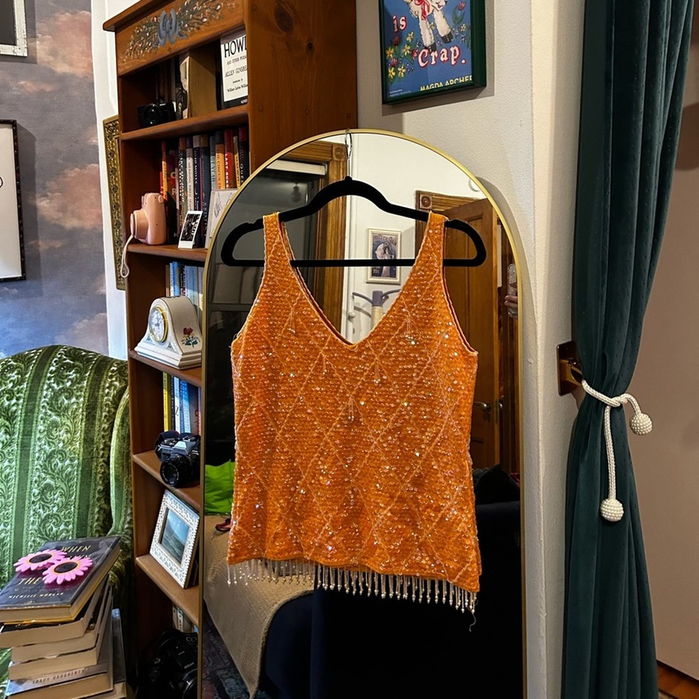 Orange beaded sequin tank top
